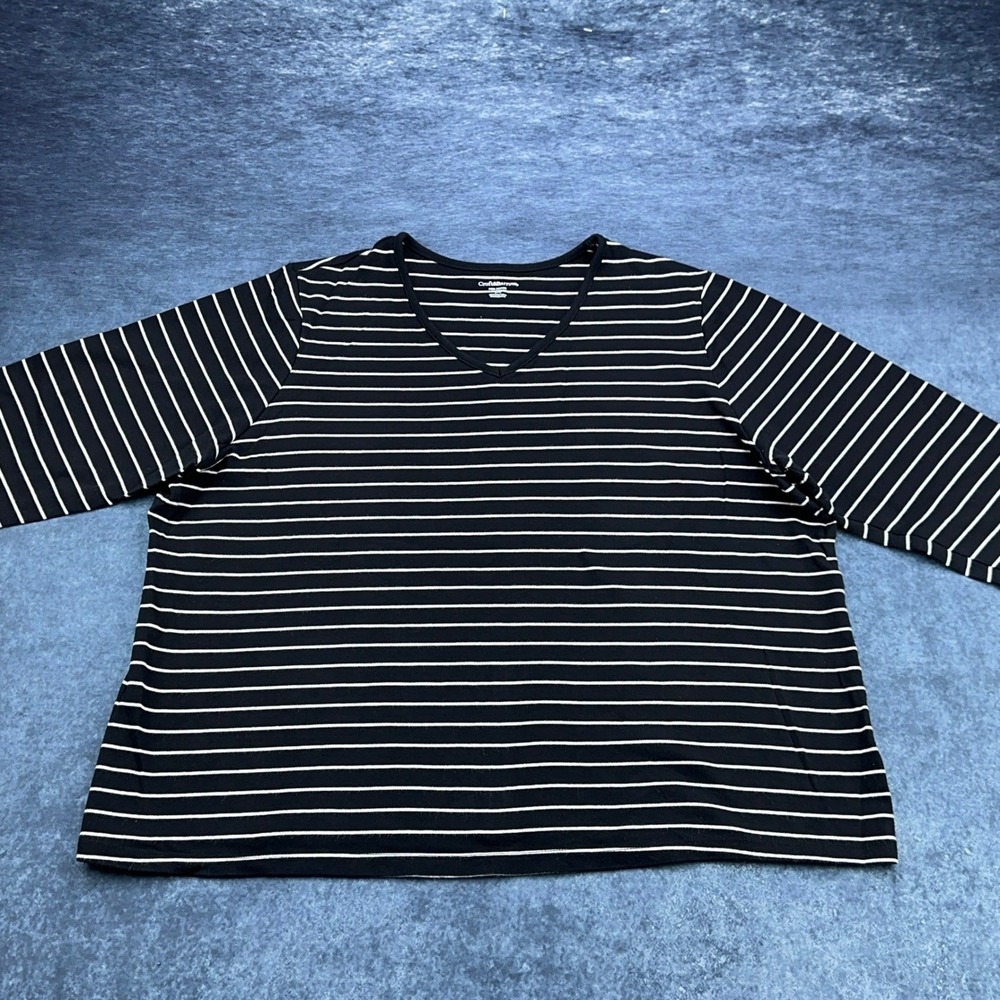Croft & Barrow Womens 2X Pima Cotton V-Neck 3/4‎ Sleeve Striped Top Black White